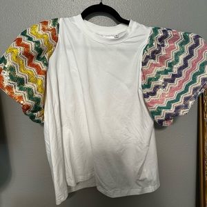 QOS White Tee With Crochet Sleeves